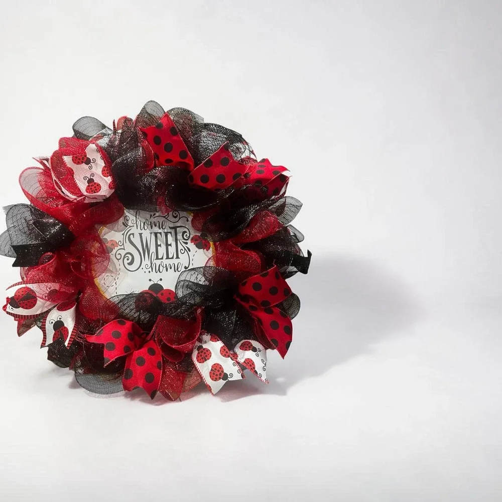 Handmade Ladybug Wreath: Vibrant Red Black Decor Welcome Friends
